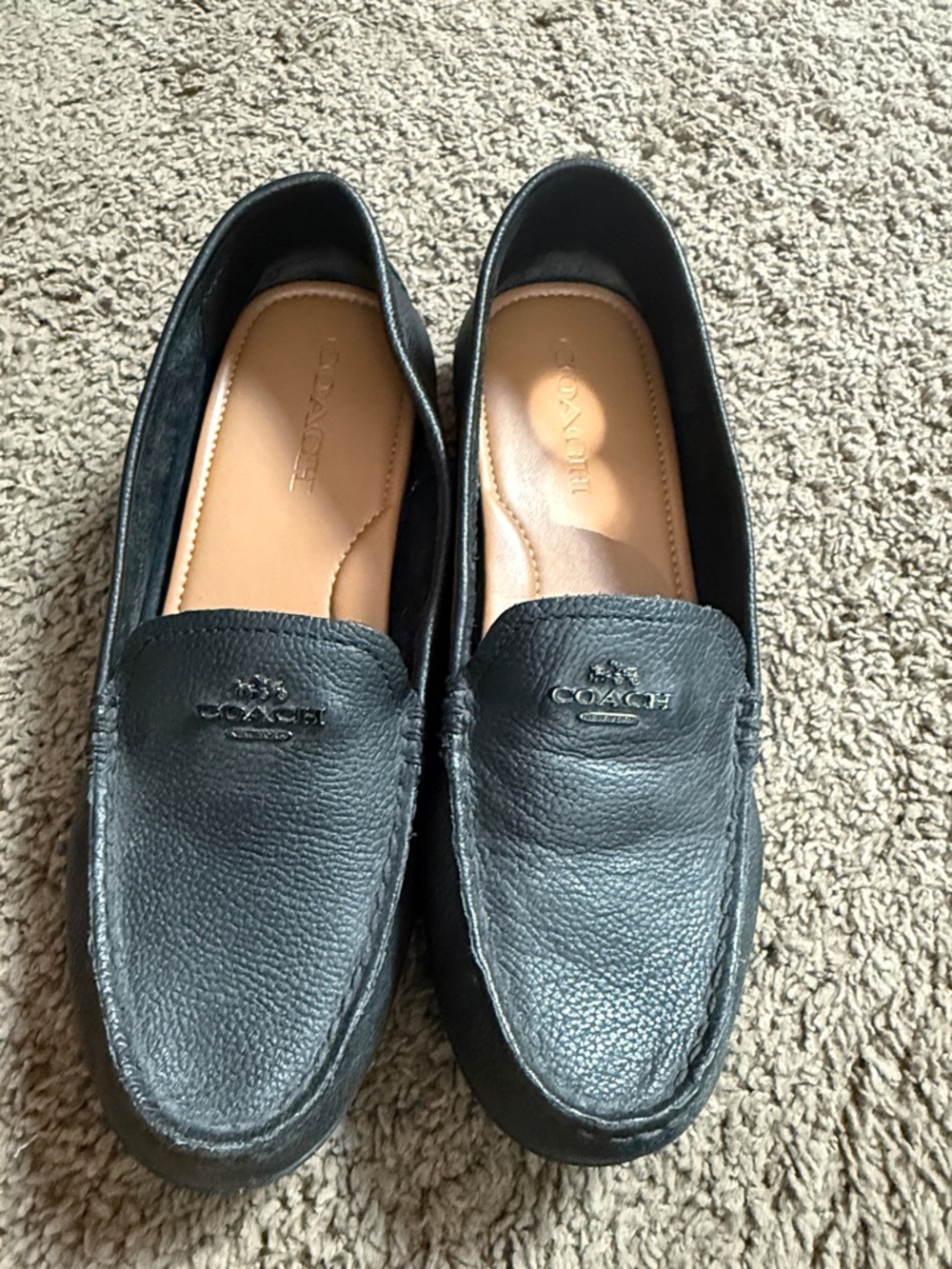 Coach Black Pebbled Leather Slip-On Loafers with Tan Insole